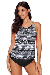 Black Ethnic Print Criss Cross Tankini Swimwear